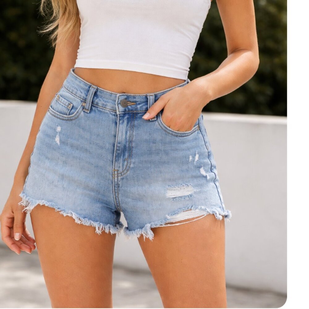 Aerie Denim Light Wash High Rise Shorts Size S Distressed Raw Hem